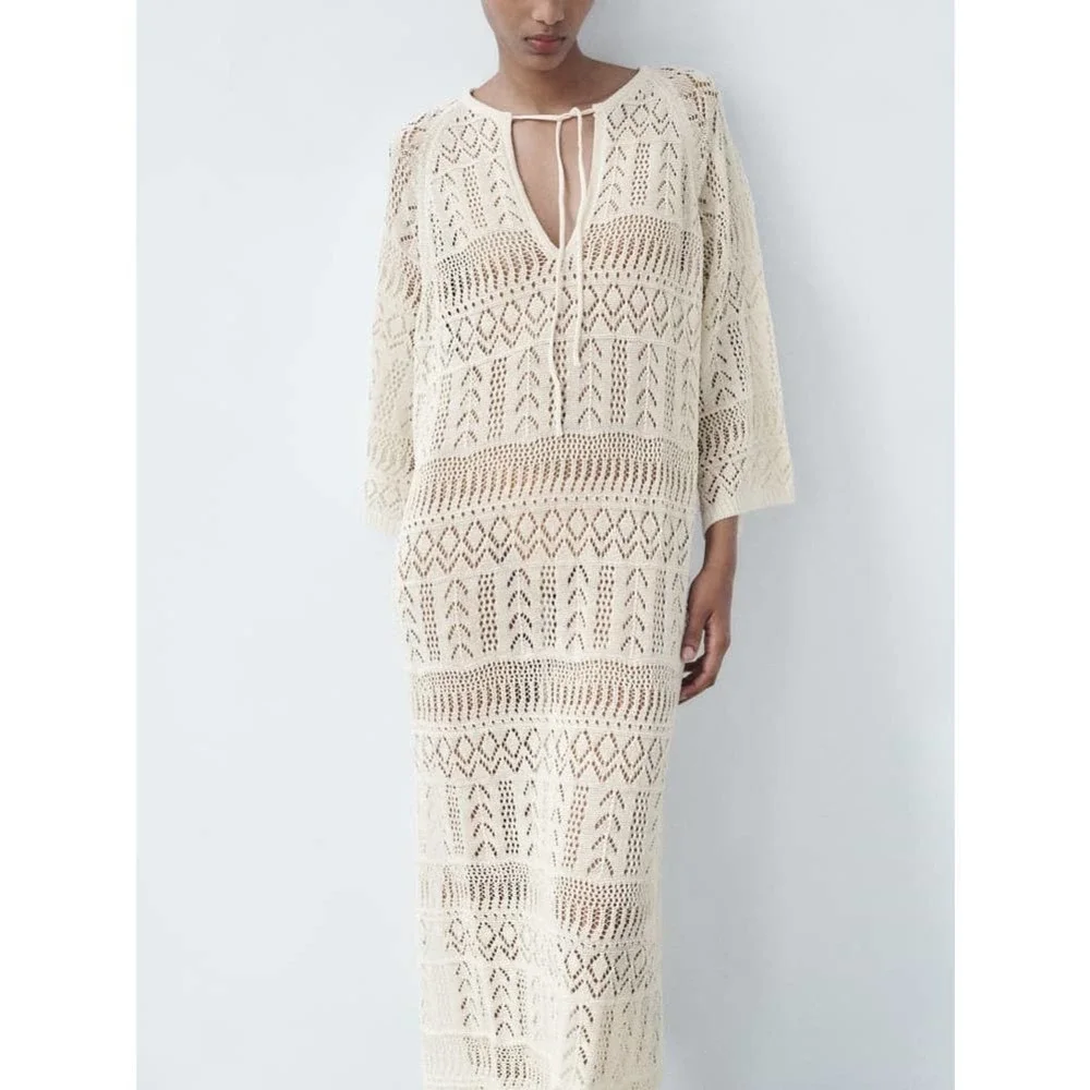 ZARA Crochet Maxi Dress Sheer Open Knit Long Sleeve Beach Cover Up Dress, Cream - Picture 2 of 14